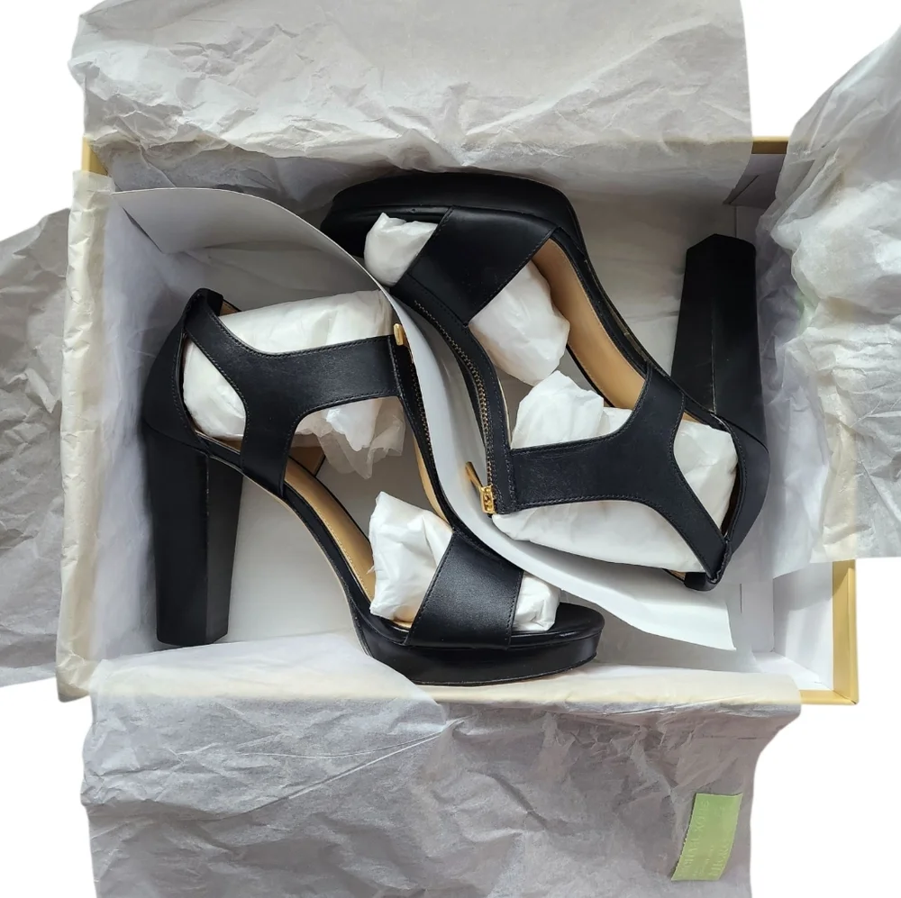 Michael Kors Berkley Lock Black Leather Platform Sandal Heels with Box - Picture 5 of 15